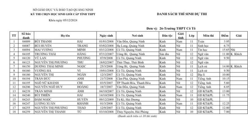 KẾT QUẢ THI HỌC SINH GIỎI CẤP TỈNH NĂM HỌC 2024-2025 TRƯỜNG THPT CÔ TÔ