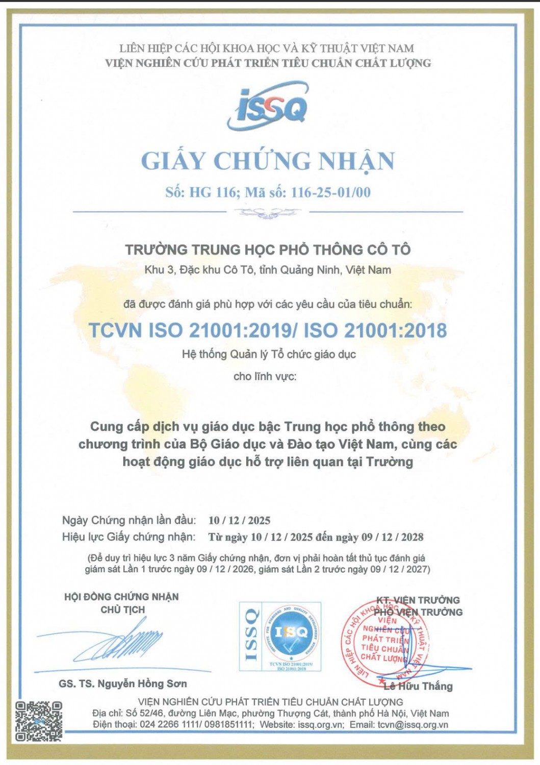 CHỨNG NHẬN ISO CỦA TRƯỜNG THPT CÔ TÔ
